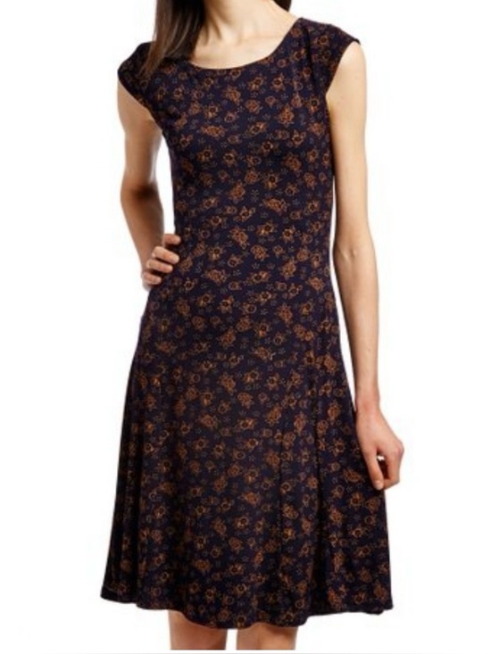 EBZA Dresses & Skirts - EBZA Navy Blue and Brown Floral Cap Sleeve Fit & Flare Dress